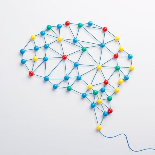 A brain network made of colorful pins and strings, representing brain mapping
